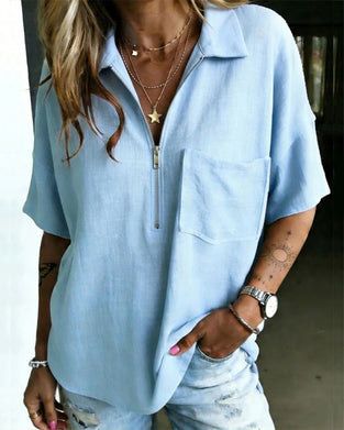 Half Zip Lapel Short Sleeve Shirt