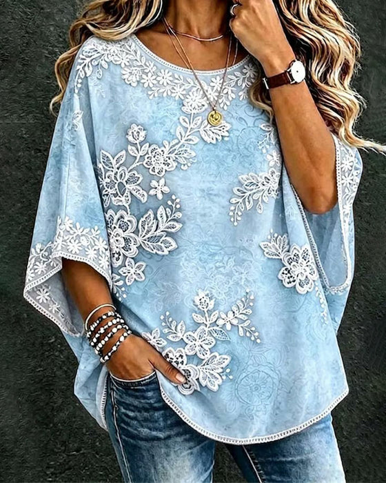 Crew Neck Floral Loose Fit Blouse