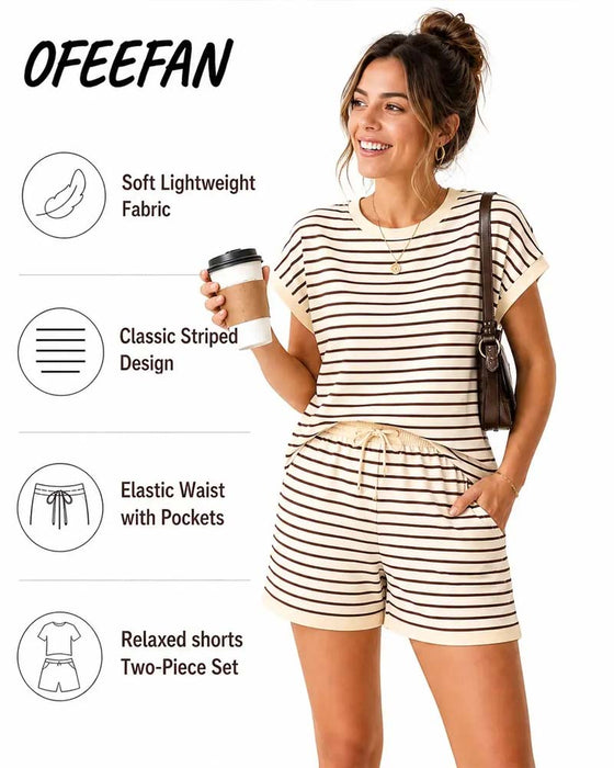 Crew Neck Striped Elastic Waist Tie Set