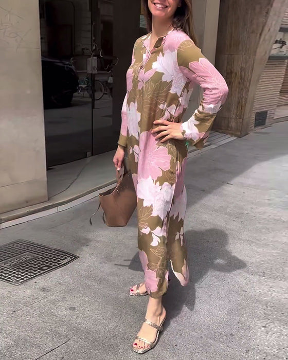 Casual floral print long sleeve slit maxi dress