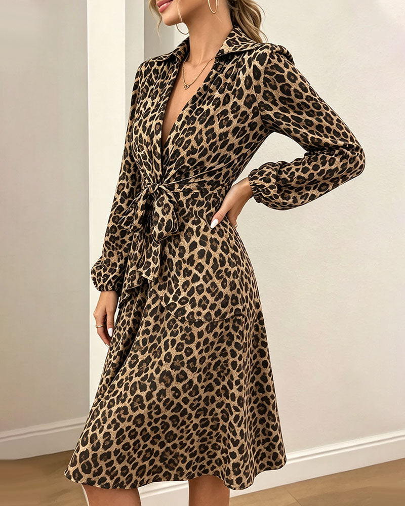 Leopard Print Lapel Waist Strapped Shirt Dress