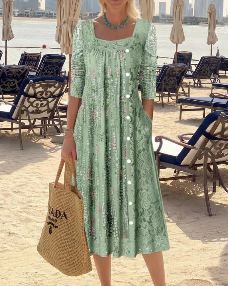 Square-Neck Printed Front-Button Dress