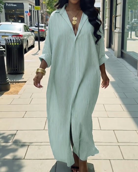 Long Sleeve Lapel Loose Striped Shirt Dress
