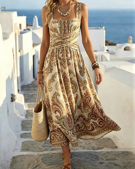 Square Neck Spaghetti Strap Vintage Floral Dress