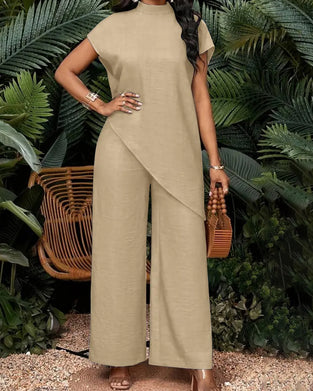 High Neck Asymmetrical Dropped Shoulder Wide Leg Set