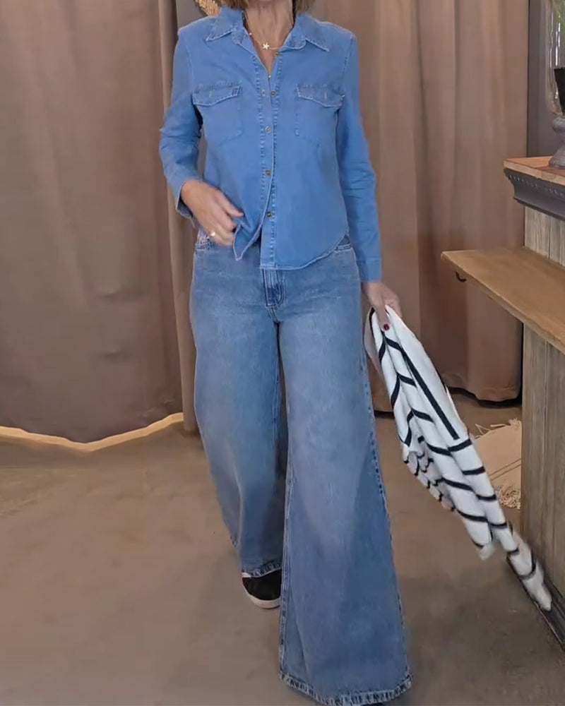 Solid Color Collared Denim Shirt