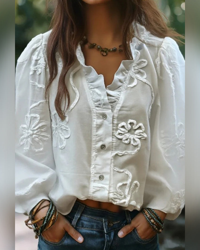 Ruffle Collar Floral Design Shirt
