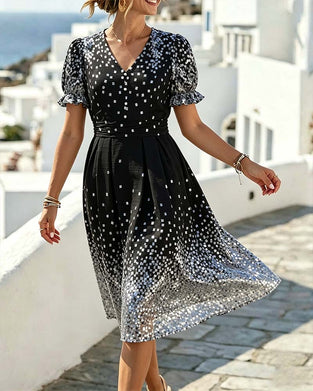 V-Neck Waist Bubble Sleeve Dress