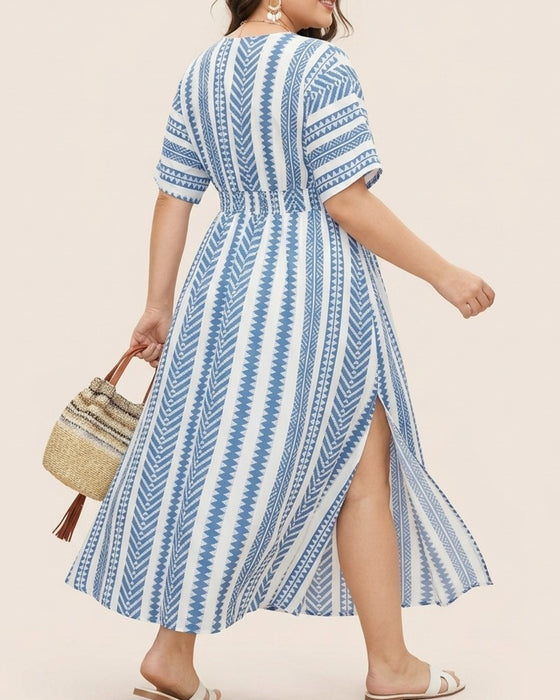 Deep V Blue White Geometric Stripe Waist Dress