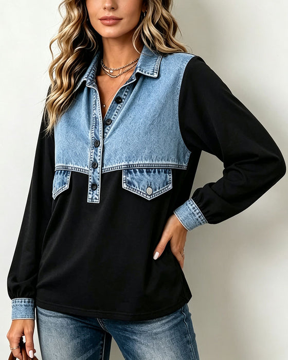 Shirt Collar Pocket Patchwork Sweatshirt