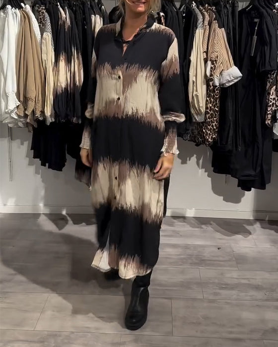 Lantern Sleeve Buttoned Ink Painting Shirt Dress