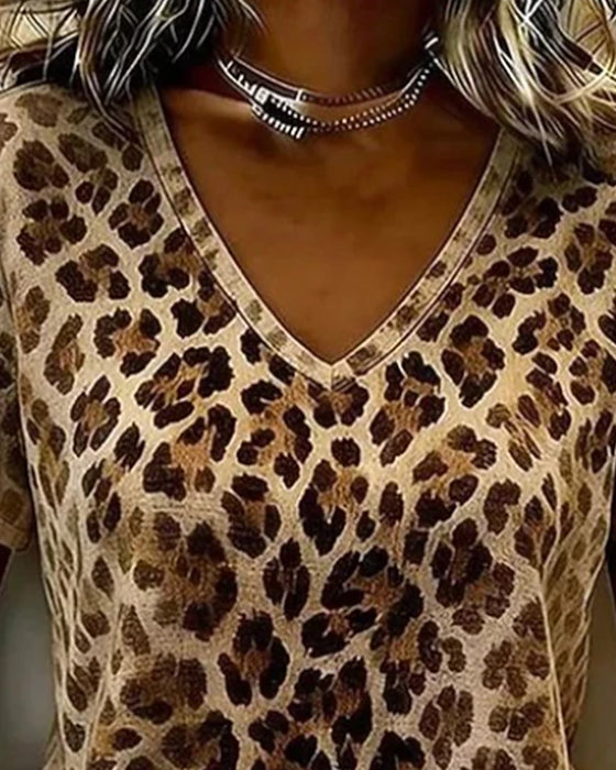 V-Neck Leopard Print Gradient Short-Sleeve T-Shirt