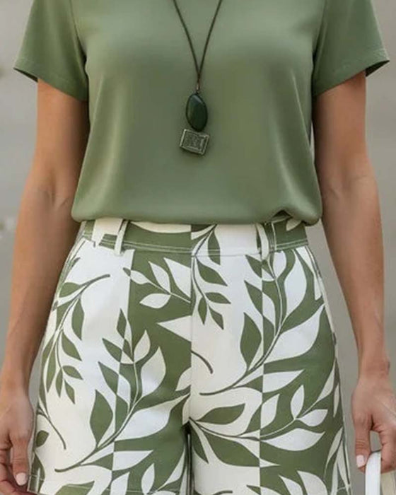Crew Neck T-Shirt And Green Leaf Print Shorts Two-Piece Set