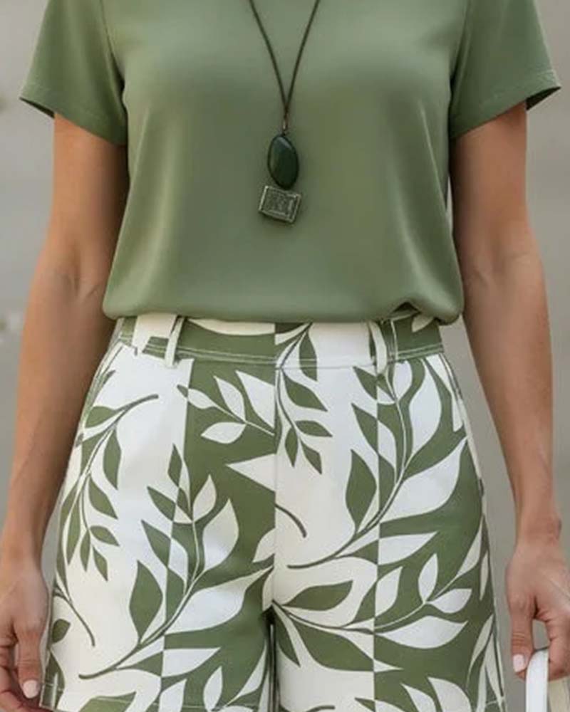 Crew Neck T-Shirt And Green Leaf Print Shorts Two-Piece Set