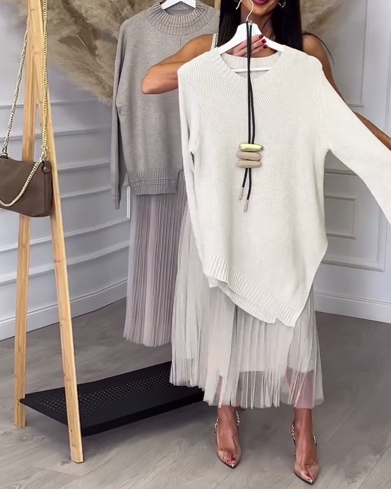 Crew Neck Irregular Pullover And Skirt Two-Piece Set