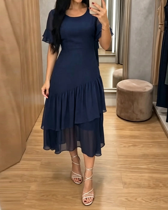 Crew Neck Ruffle Solid Dress