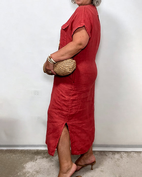 V-Neck Button Pocket Solid Dress