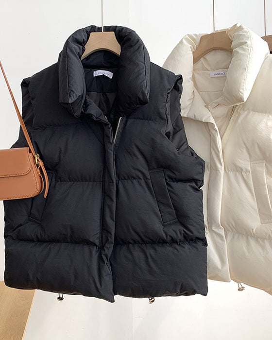 Simple solid color zipper pocket sleeveless padded jacket