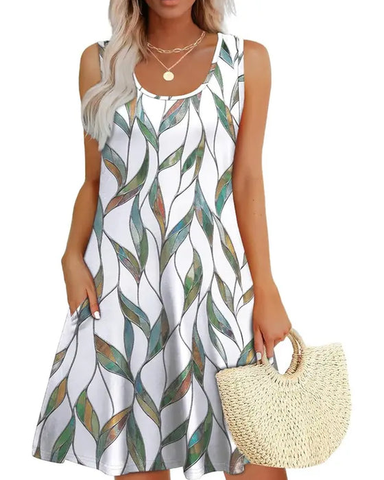 Elegant Leaf Print Sleeveless Dress