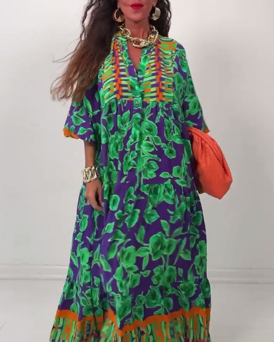 V-neck printed casual long dress