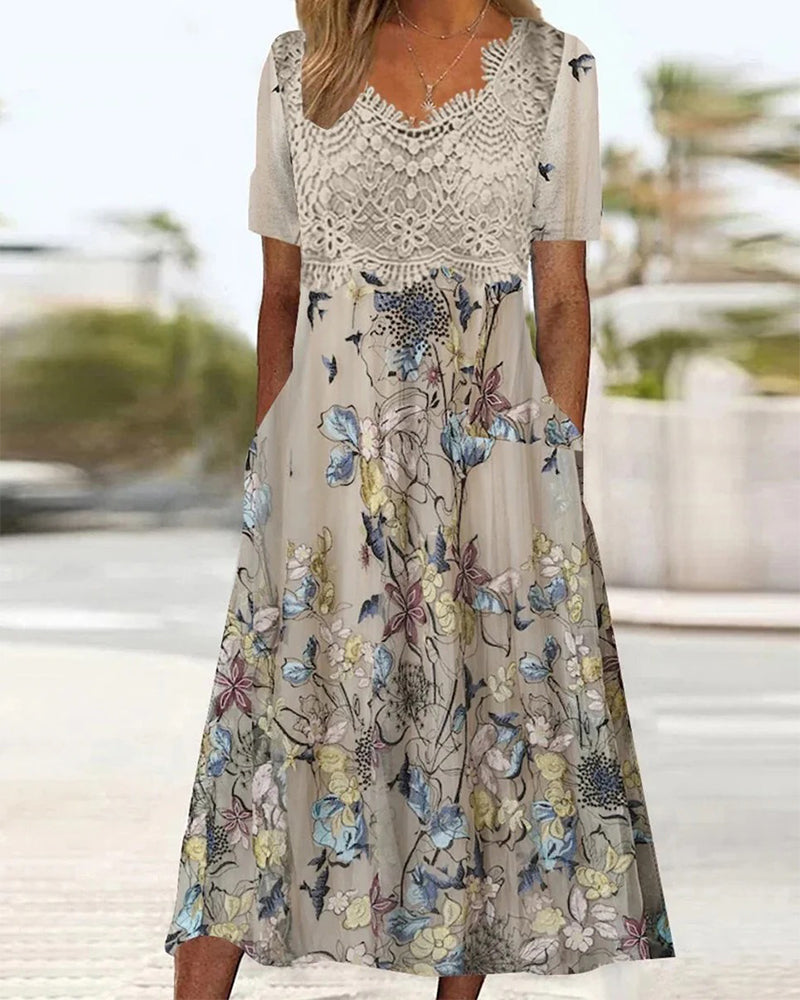 Lace Patchwork Floral Bird Print Dress