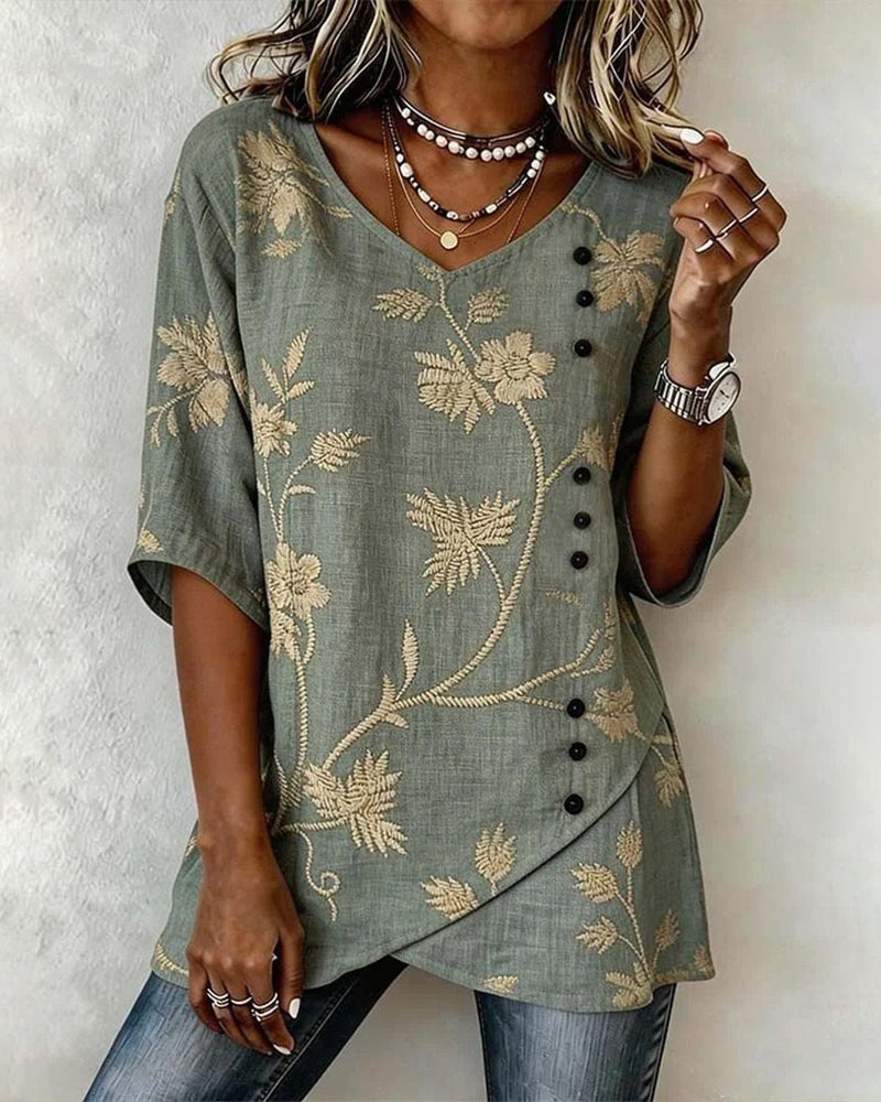 Floral V-Neck Casual Blouse