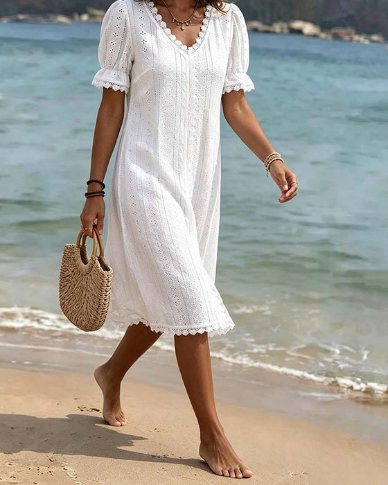 Solid V-Neck Lace Patchwork Bubble Sleeve Dress