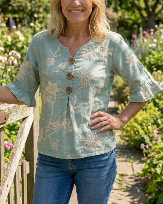 Ruffle Sleeve Three-Button Loose Fit Blouse