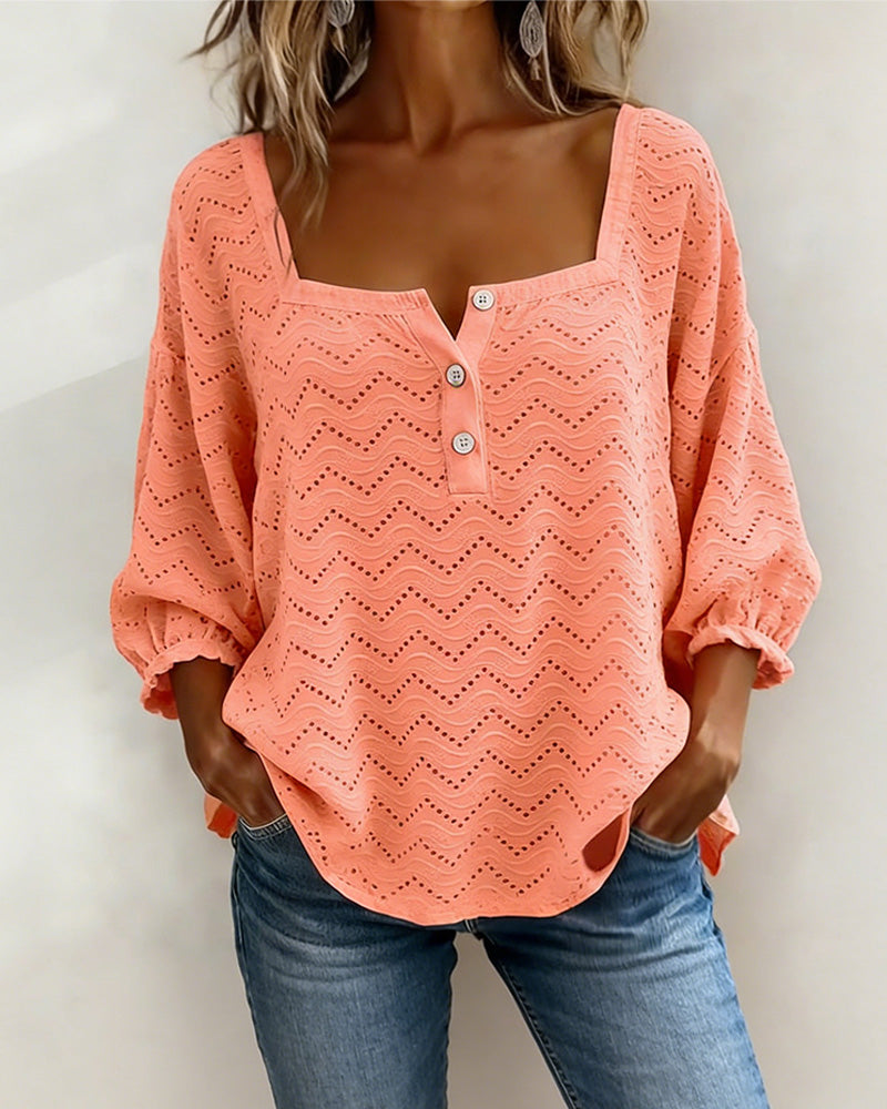 Square Neck Hollow Out Lantern Sleeve Blouse