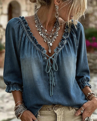 Denim V-Neck Tie Blouses