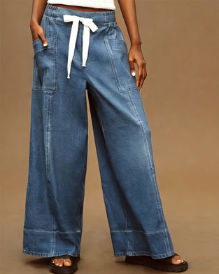 Drawstring Large Pocket Wide-Leg Jeans