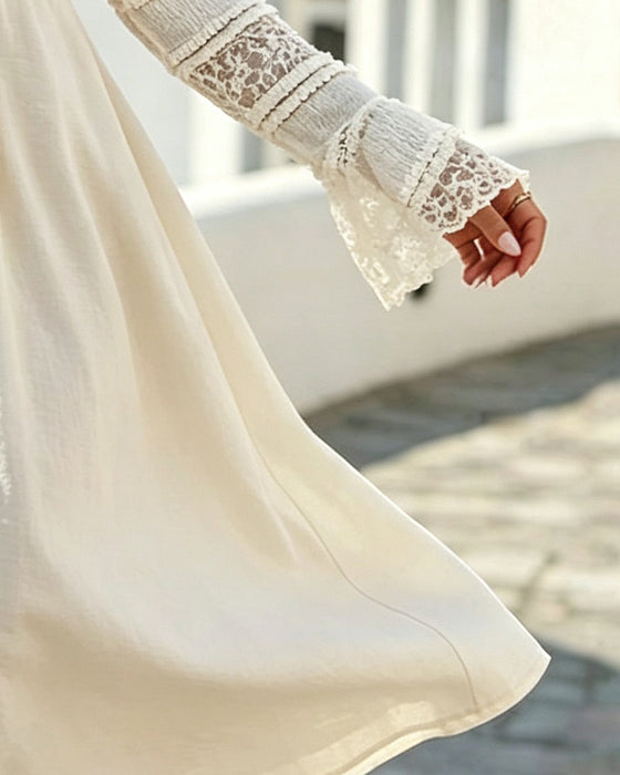 Solid Color V-Neck Lace Patchwork Dress