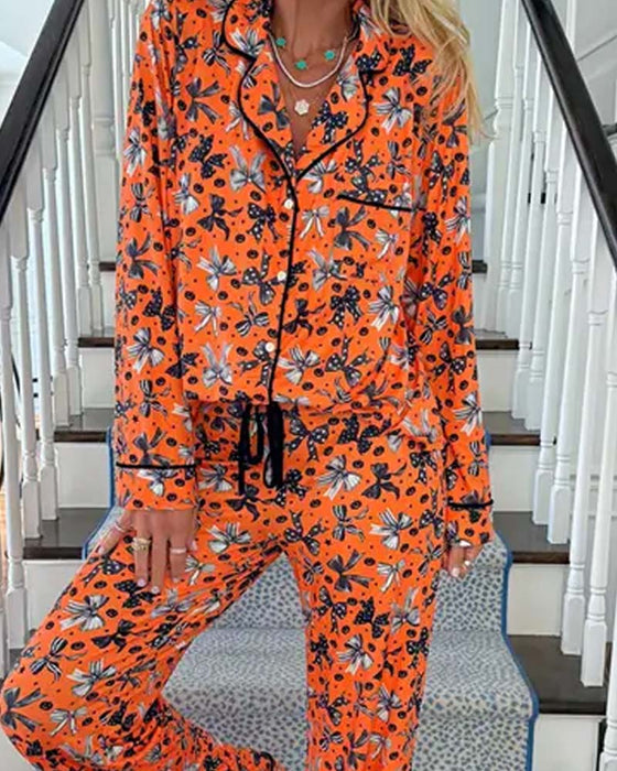 Shirt Collar Printed Button Pajama Set