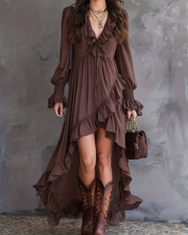 Lantern Sleeve Ruffled Asymmetrical Dress
