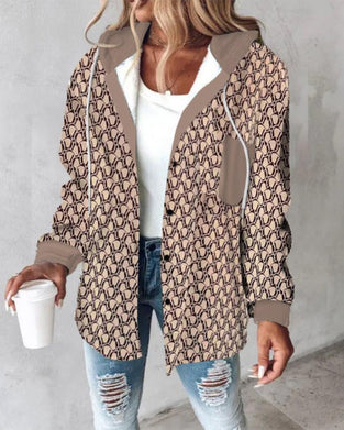 Casual printed pocket lace-up hooded coat