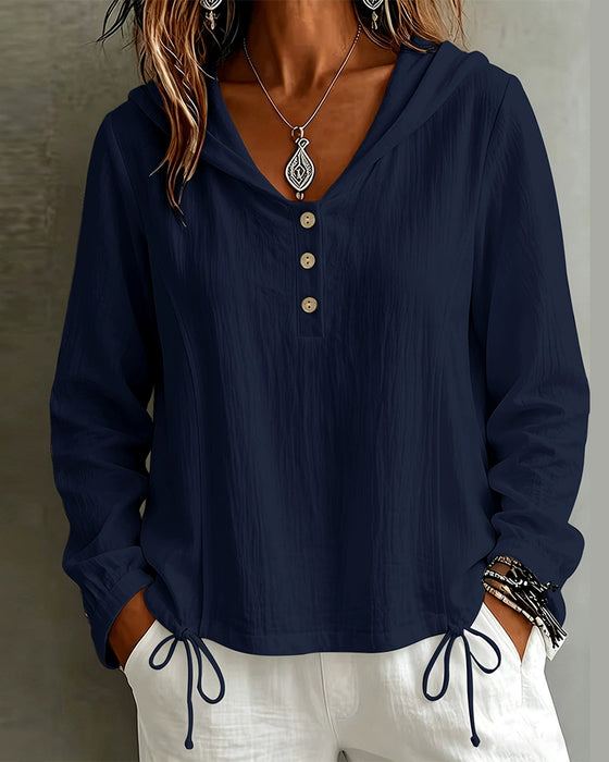 Solid Button Hooded Long Sleeve Top