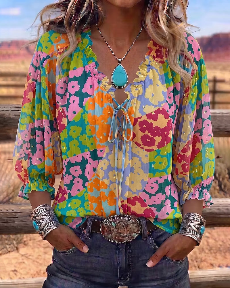 Floral V-Neck Tie-Front Puff Sleeve Blouse