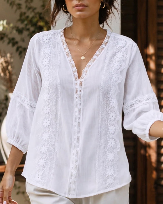 V-Neck Solid Color Blouse