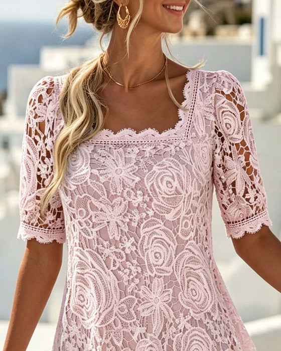 Lace Patchwork Hollow Square Neck Dress