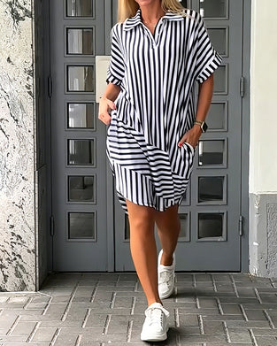 Lapel Neck Stripe Irregular Hem Dress
