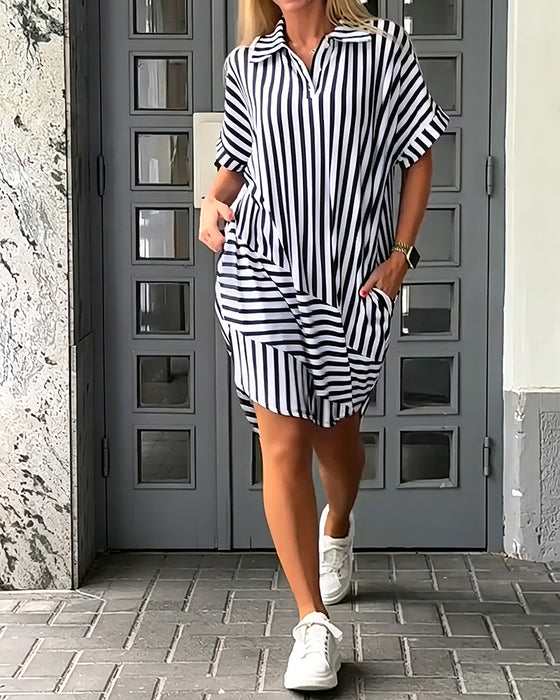 Lapel Neck Stripe Irregular Hem Dress