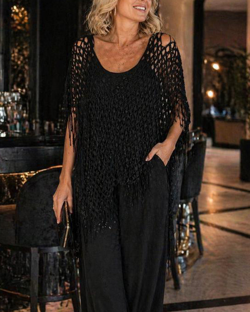 Fringe Mesh Hollow Out Pullover