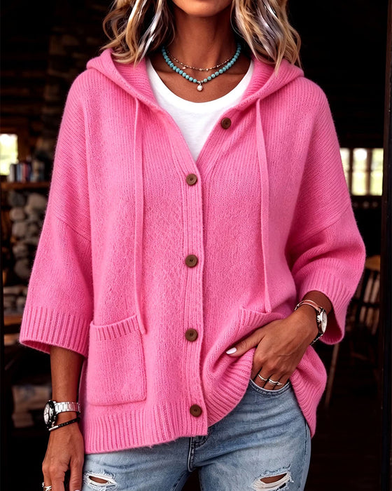 Elbow-Length Sleeve Hooded Single-Breasted Cardigan