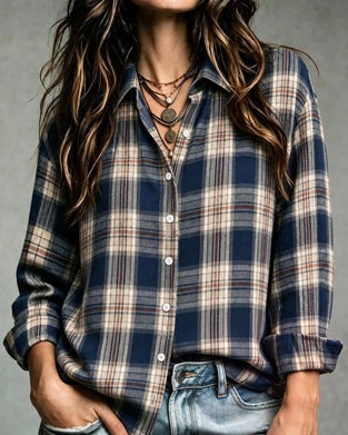 Collared Plaid Long-Sleeve Blouse