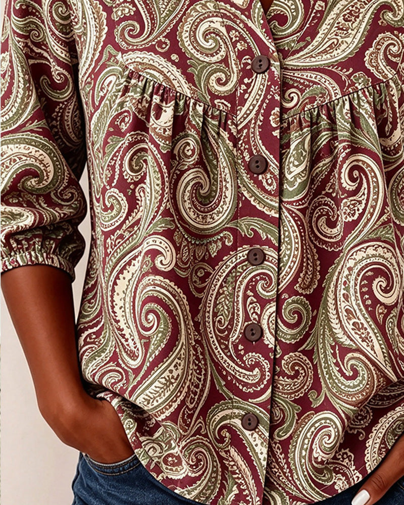 V-Neck Buttoned Shirred Printed Top