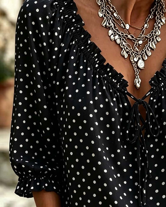 V-Neck Ruffle Polka Dot Tie Blouse
