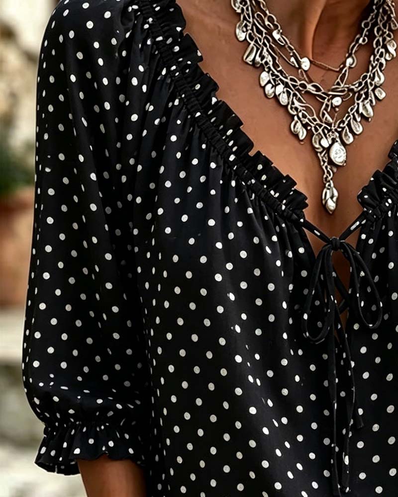 V-Neck Ruffle Polka Dot Tie Blouse