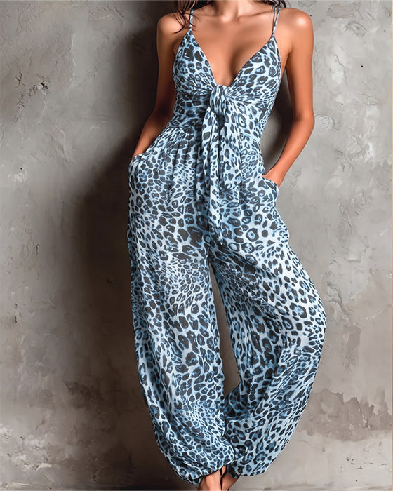Leopard Print Suspender Wide Leg Jumpsuit