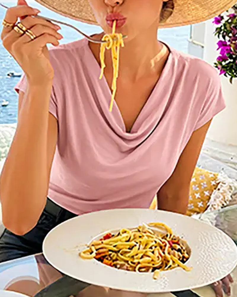 Draped Cowl Neck Short Sleeve T-Shirt