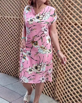 Short-Sleeved Floral Straight Dress